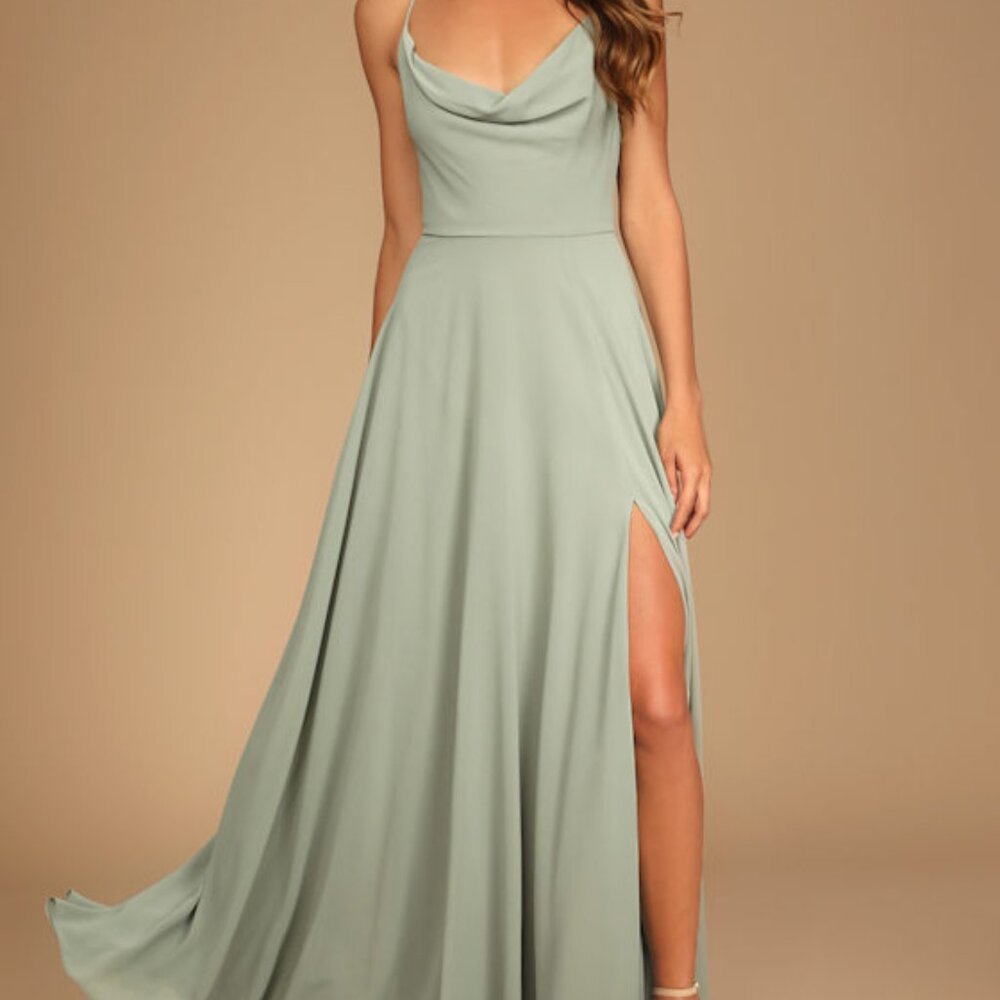 Lulus Romantically Speaking Sage Green Cowl Lace-up Maxi Dress - Size M